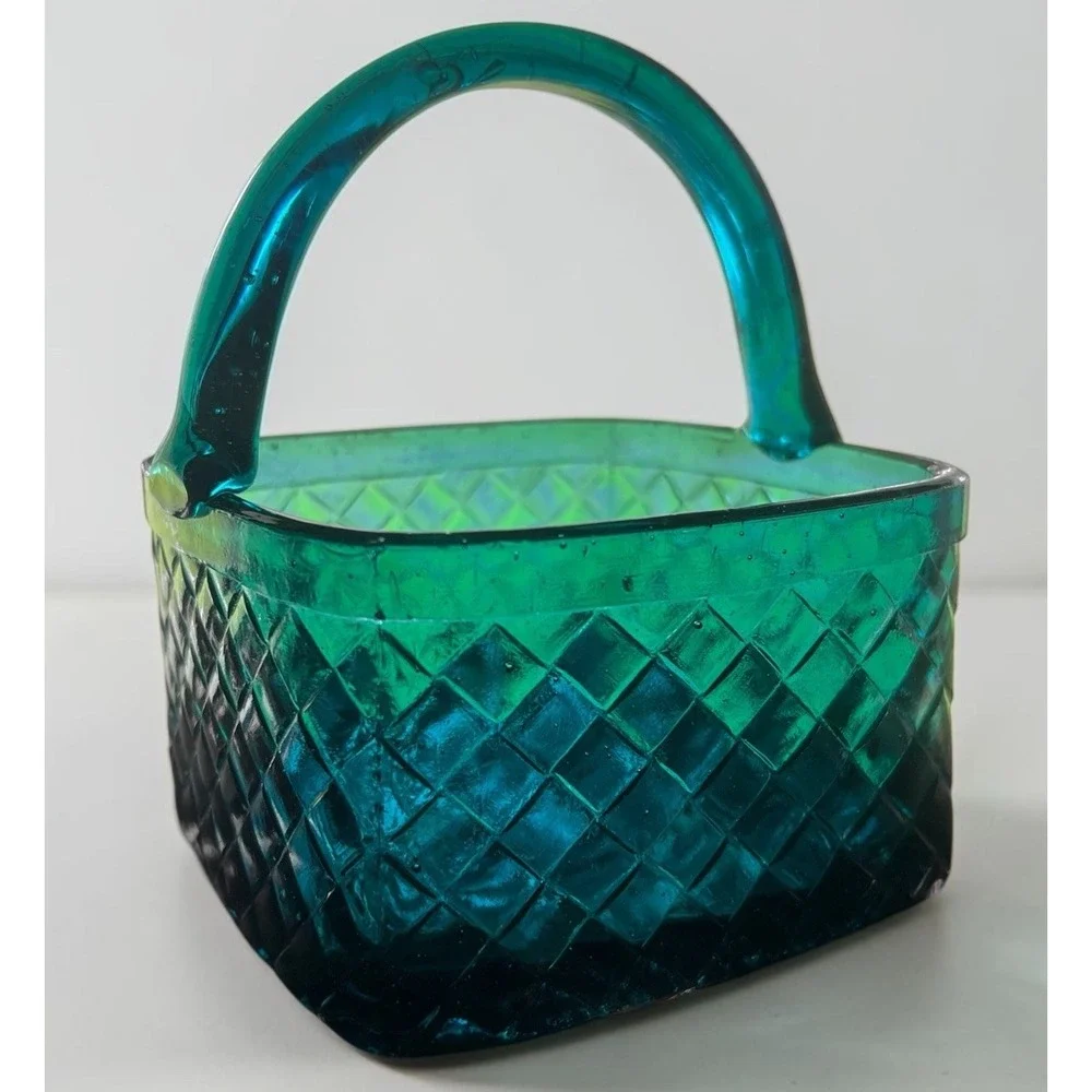 Vintage Shiah Yih Teal Blue Art Glass Basket Hand Made Taiwan 6